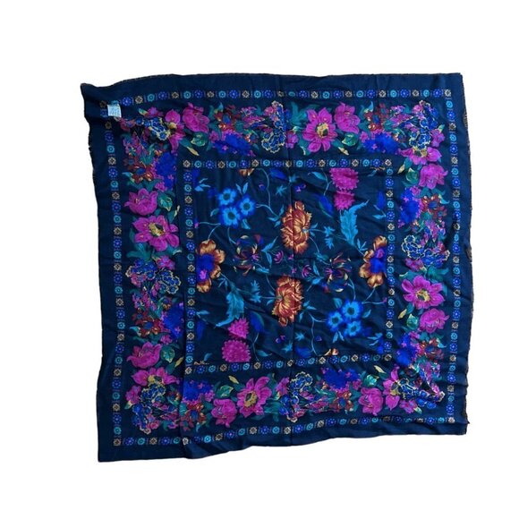 Vintage Scarf Challis by Berkshire Blue Fuchsia Floral Acrylic Made in Japan - Picture 5 of 6